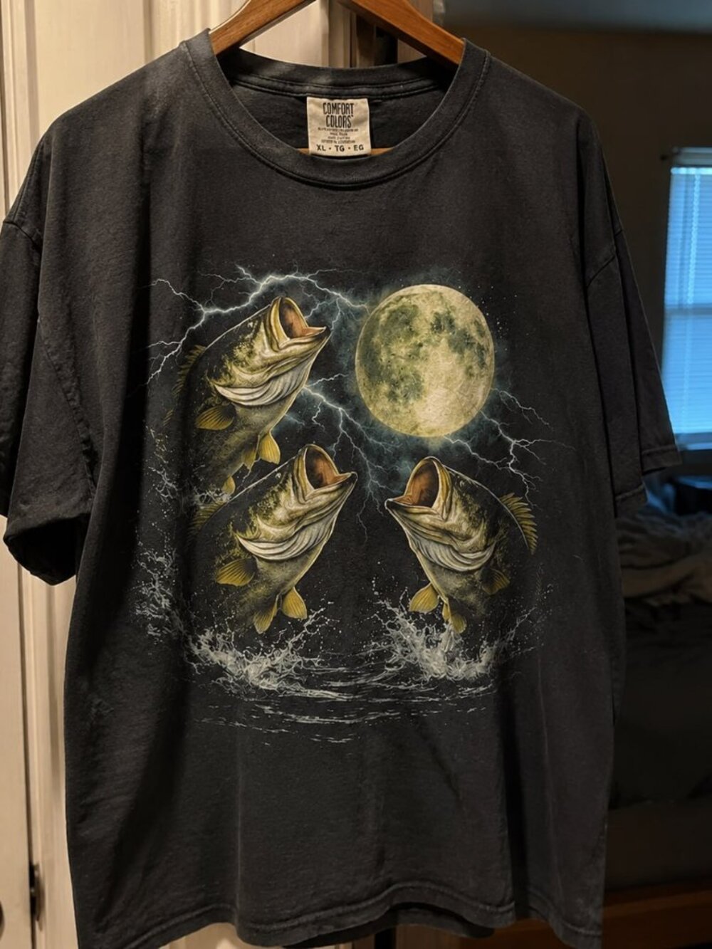 Vintage Fishing Bass Moon Graphic T-Shirt Black Distressed Tee